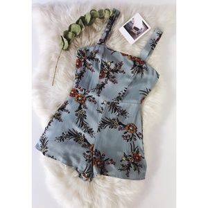 Antique Blue Retro Floral Print Romper